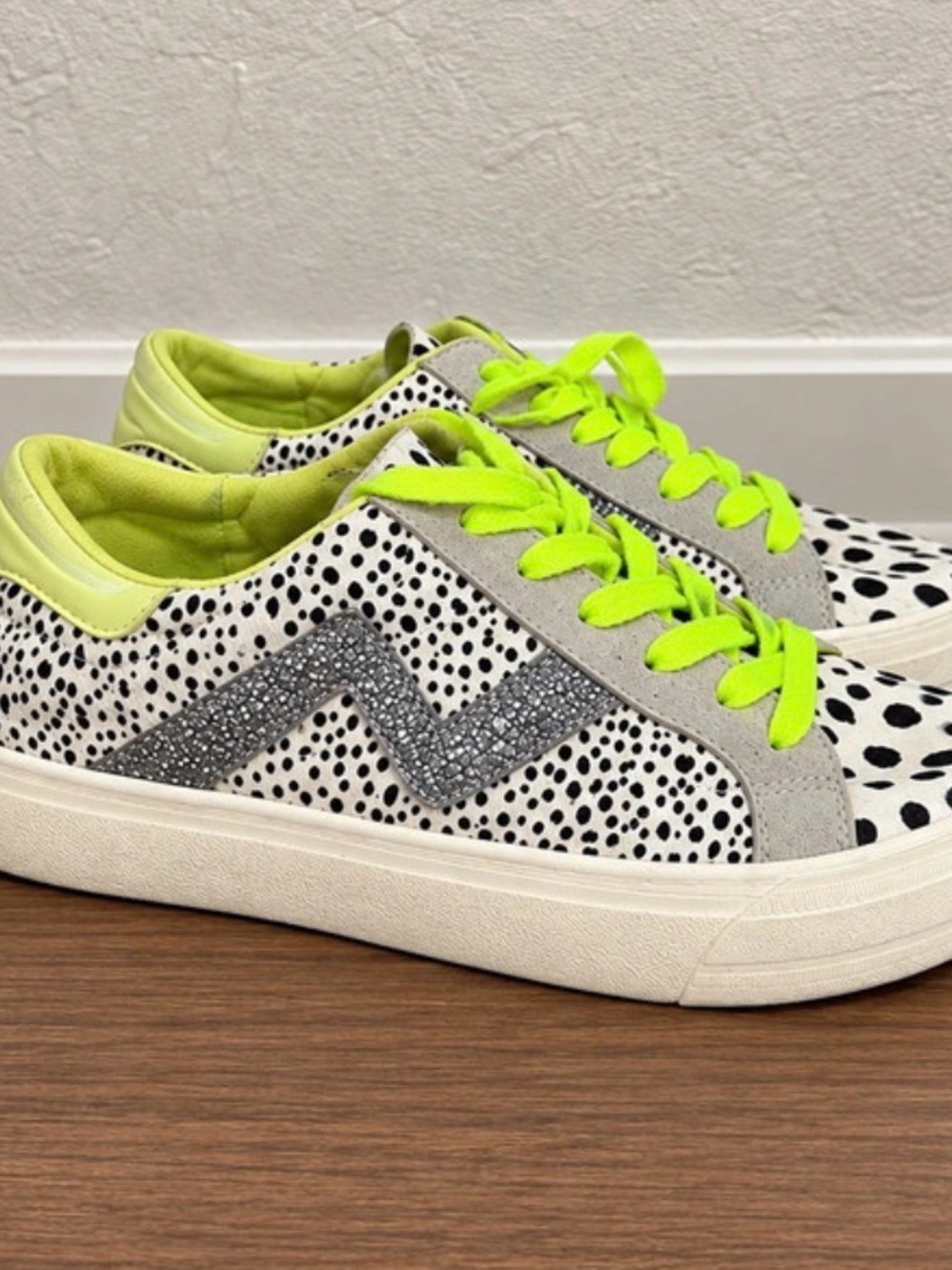 Gianni Bini Black & White Dalmatian Sneakers with Neon Green Accents